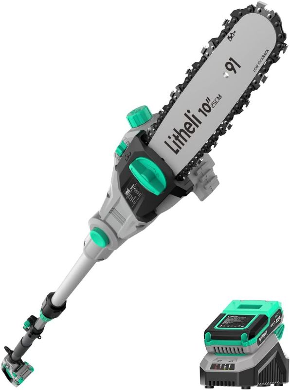 Photo 1 of Litheli Cordless Pole Saw 10-Inch, 20V Battery-Powered Pole Saws for Tree Trimming, Tree Trimmer for Branch Cutting, Trimming, Pruning, with 2.0Ah Battery & Charger