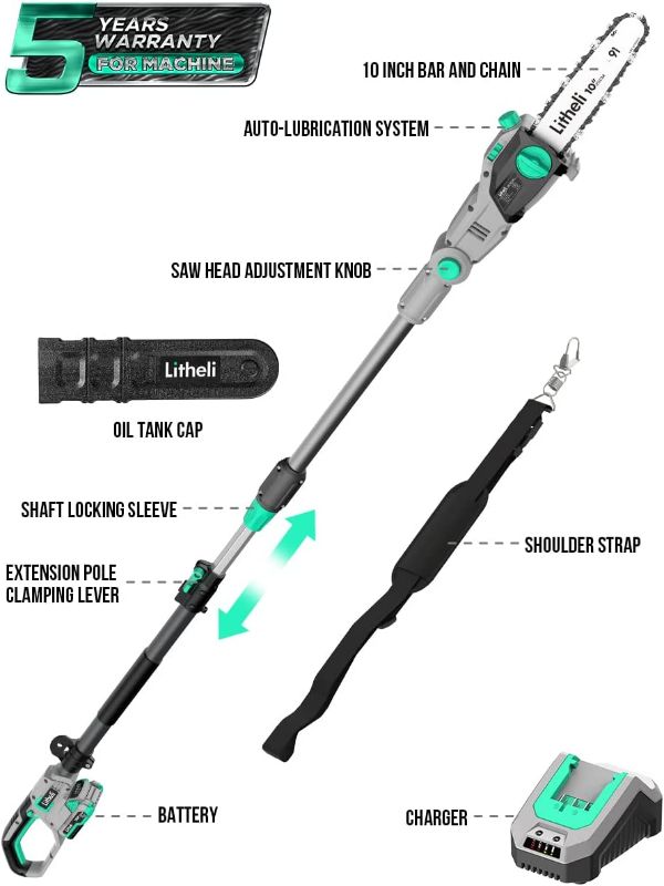 Photo 2 of Litheli Cordless Pole Saw 10-Inch, 20V Battery-Powered Pole Saws for Tree Trimming, Tree Trimmer for Branch Cutting, Trimming, Pruning, with 2.0Ah Battery & Charger