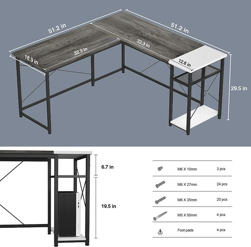 Photo 2 of Karcog L Shaped Desk Corner Computer Desk, Industrial L-Shaped Office Desk with Storage Shelves, Large Gaming Desk Sturdy Writing Desk for Small Space, Black Grey Oak and White 18.9"D x 32.3"W x 51.2"H