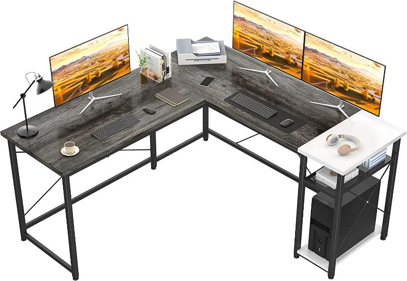 Photo 1 of Karcog L Shaped Desk Corner Computer Desk, Industrial L-Shaped Office Desk with Storage Shelves, Large Gaming Desk Sturdy Writing Desk for Small Space, Black Grey Oak and White 18.9"D x 32.3"W x 51.2"H