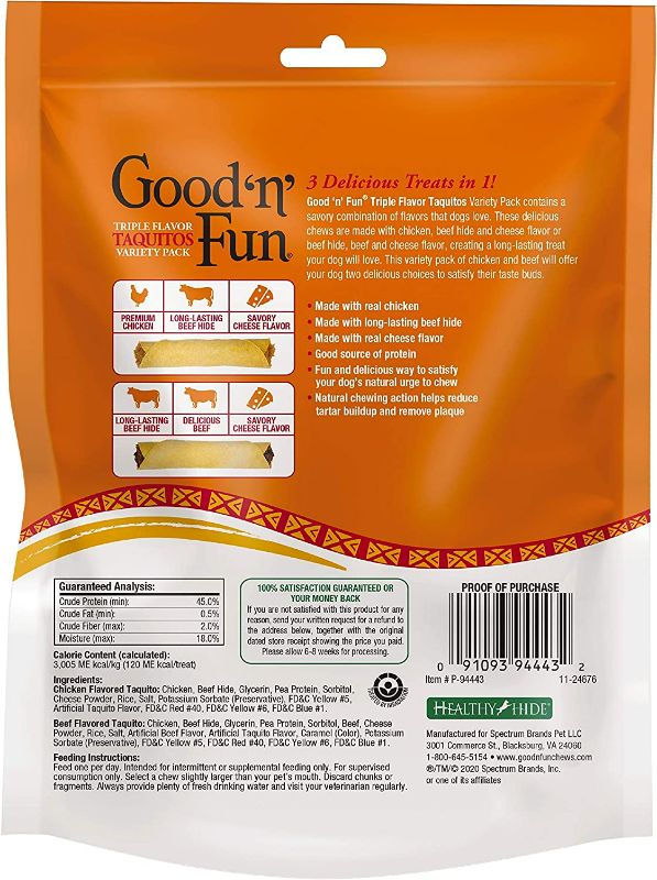 Photo 2 of Good ’n’ Fun Triple Flavor Taquitos Variety Pack 4 Count, 6 Flavors in 1, Chew for Large Dogs (1 CASE of 24 Individual Packs of 4 Count)
