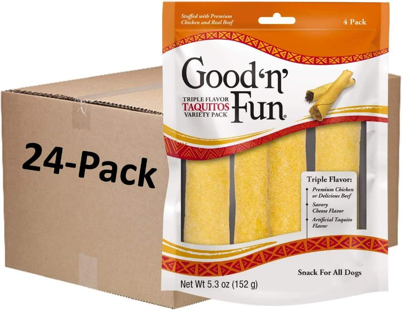 Photo 1 of Good ’n’ Fun Triple Flavor Taquitos Variety Pack 4 Count, 6 Flavors in 1, Chew for Large Dogs (1 CASE of 24 Individual Packs of 4 Count)