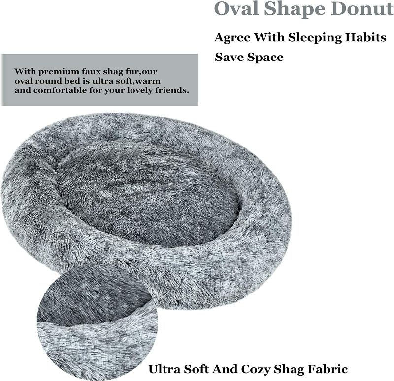 Photo 2 of Coohom Oval Calming Donut Cuddler Dog Bed,Shag Faux Fur Cat Bed Washable Round Pillow Pet Bed for Small Medium Dogs (L(30"x24"x7"), Grey)