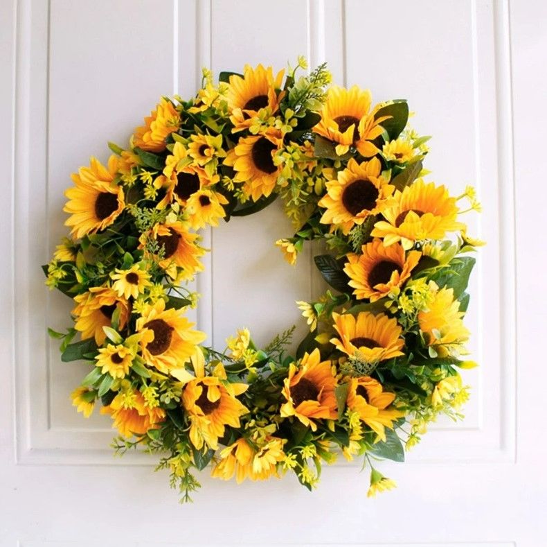 Photo 1 of Artificial Sunflower Wreath with Lights Handmade Silk Flower Wreath with Yellow Sunflower and Green Leaves for Home Party Festival Wedding Decor with LED Lights 16 inch