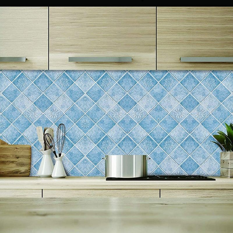 Photo 2 of Coavas Kitchen Wallpaper Oil Proof Sticker Blue Square with Flower Pattern Frosted Paper Waterproof Peel and Stick Wallpaper for Backsplash Self Adhesive Decorative Wall Decor, 23.6 x 118.1 Inches