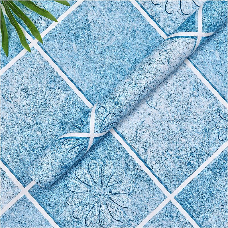 Photo 1 of Coavas Kitchen Wallpaper Oil Proof Sticker Blue Square with Flower Pattern Frosted Paper Waterproof Peel and Stick Wallpaper for Backsplash Self Adhesive Decorative Wall Decor, 23.6 x 118.1 Inches