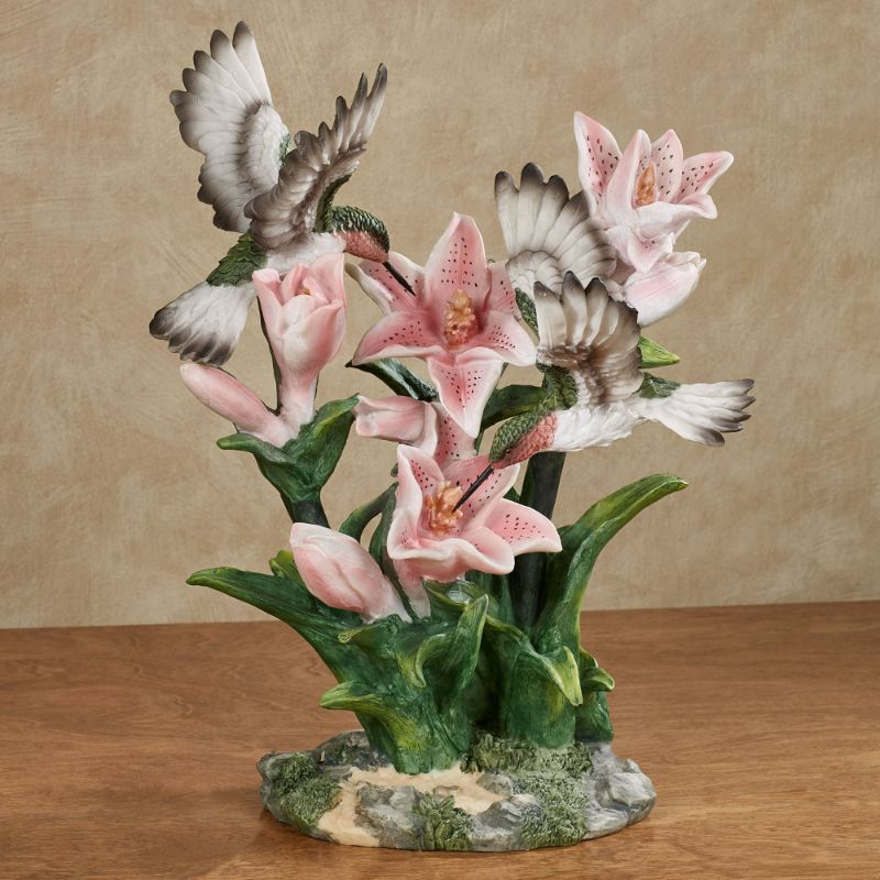 Photo 1 of Touch of Class Hummingbirds Table Sculpture - Multi Pastel - White, Green, Gray, Pink - Bird and Lillies Design - Garden Style Art Decor for Desk, Shelf, Living Room - Collectible