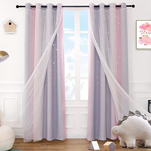 Photo 1 of Lofus Star Curtains for Kids Bedroom Light Blocking Voile Overlay Colorful Striped Layered Window Curtain Star Hollowed Blackout Curtains for Girls Room 52x84 inch, 2 Panels (Pink-Grey)
