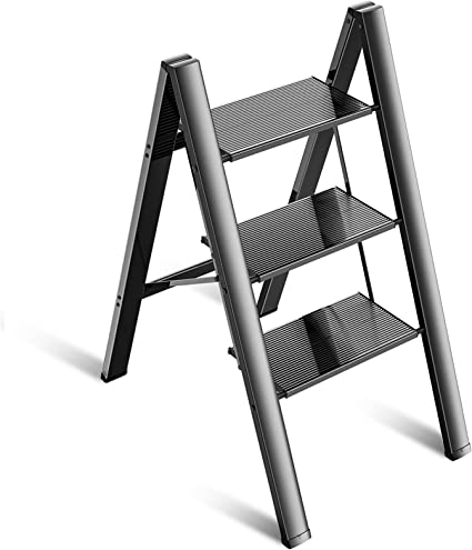 Photo 1 of 3 Step Ladder Folding Ladder Stool Portable Storage Rack Lightweight Aluminum Wide Anti Slip Pedal Multifunctional Household Adults & Kids Stepladder Black 330lb…