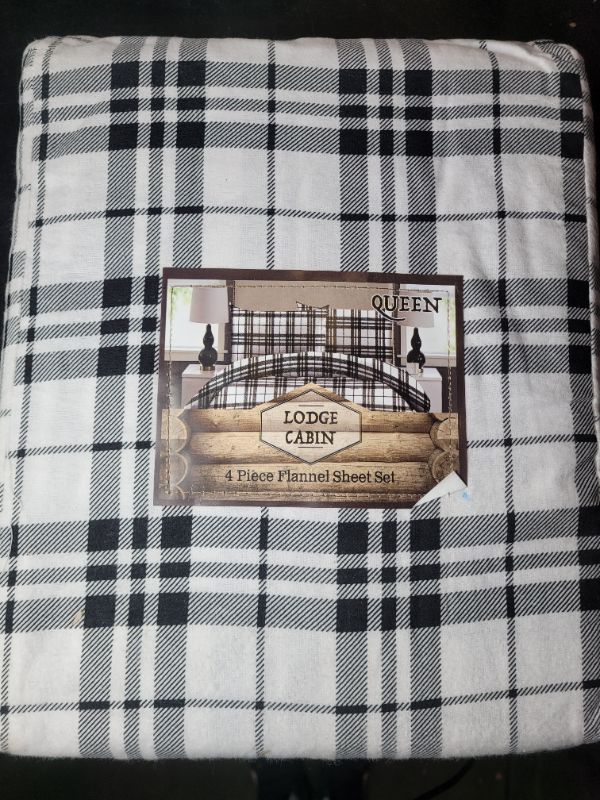 Photo 2 of Lodge Cabin White / Black Plaid Queen 4 Piece 100% Cotton Flannel Sheet Set New