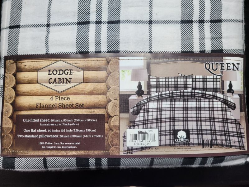Photo 3 of Lodge Cabin White / Black Plaid Queen 4 Piece 100% Cotton Flannel Sheet Set New