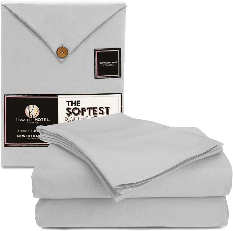 Photo 1 of Signature Hotel Collection Sheets, King-Size Sheets, Extra Soft Microfiber Bed Sheets, 4-Piece, 15” Deep, Light Grey