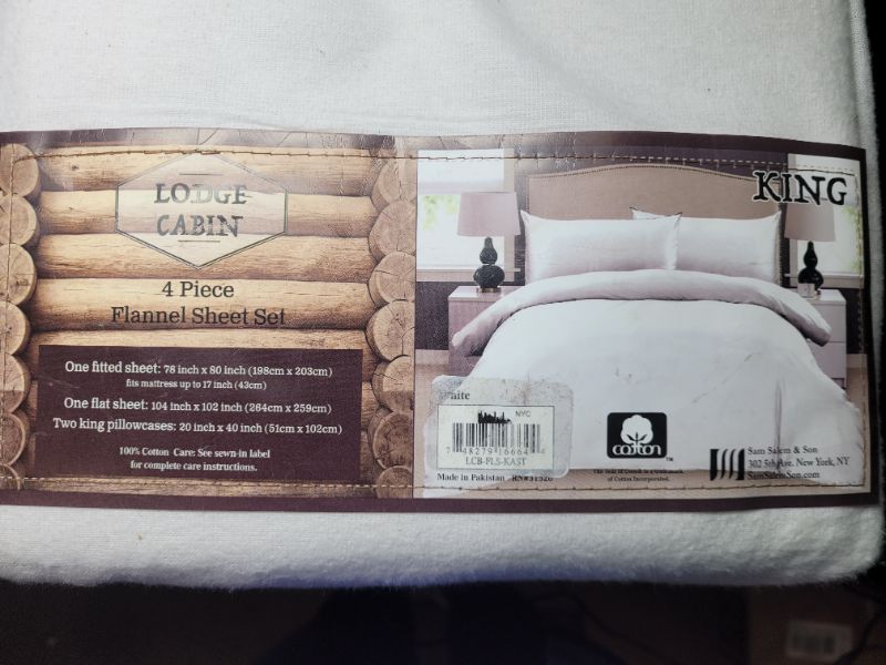 Photo 3 of Lodge Cabin White King 4 piece 100% Cotton Flannel Sheet Set New