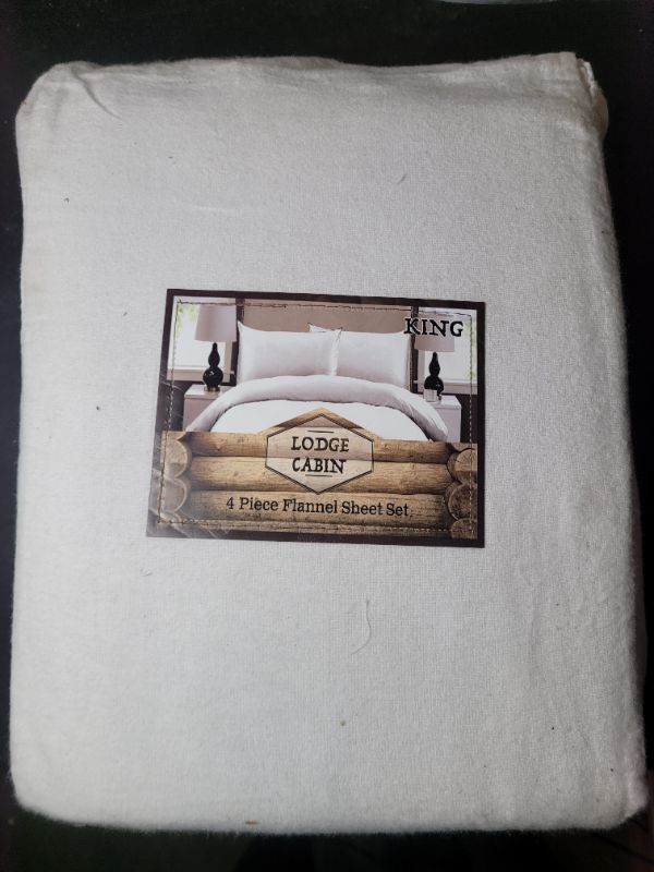 Photo 2 of Lodge Cabin White King 4 piece 100% Cotton Flannel Sheet Set New