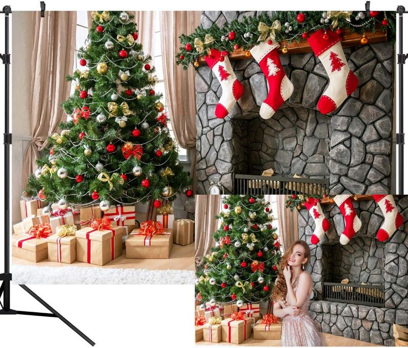 Photo 1 of DULUDA 10X8FT Christmas Theme Seamless Backdrop Fireplace Xmas Tree Customized Photography Background Studio Prop 