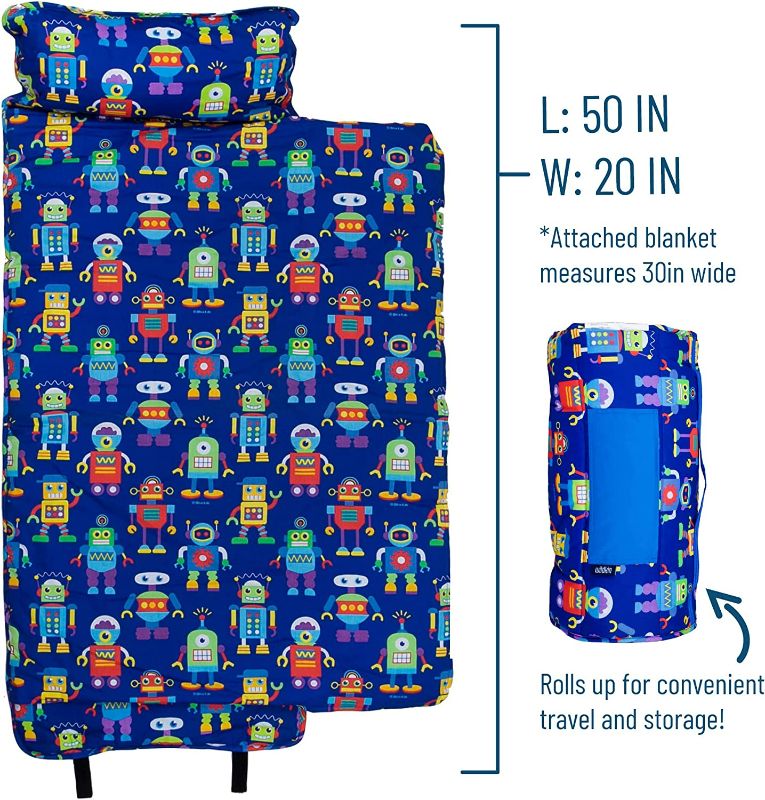 Photo 2 of Wildkin Original Nap Mat with Reusable Pillow for Boys and Girls, Perfect for Elementary Sleeping Mat, Features Hook and Loop Fastener, Soft Cotton Blend Materials Nap Mat for Kids (Robots)