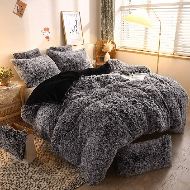 Photo 1 of XeGe Plush Shaggy Duvet Cover, Luxury Ultra Soft Crystal Velvet Fuzzy Bedding 1PC(1 Faux Fur Duvet Cover), Fluffy Furry Comforter Cover for Bedroom Home Decoration, Zipper Closure (King, Black Ombre)