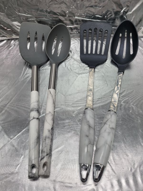 Photo 1 of Turner and Slotted Spoons Set (Gray and Black with Marble design Handles)