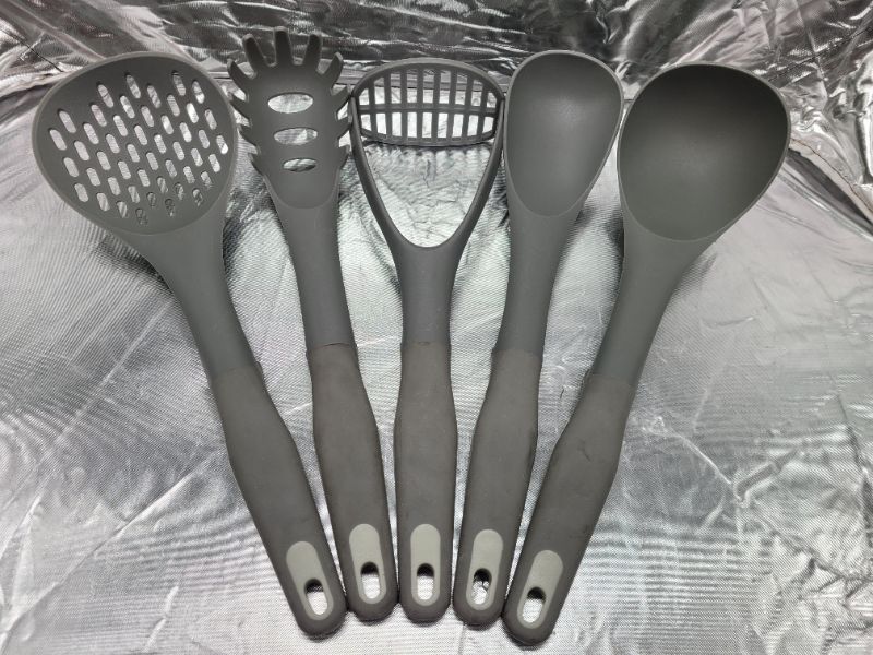 Photo 1 of 5 pcs Kitchen Cooking Plastic Utensils Set (gray with clean resting handles)