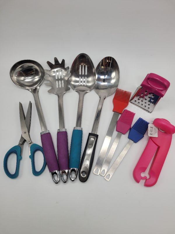 Photo 1 of Assorted Kitchenware Lot - Cooking Utensils, Grater, Pastry/Oil Brushes, Can Opener, Multi-Cutting Kitchen Shears