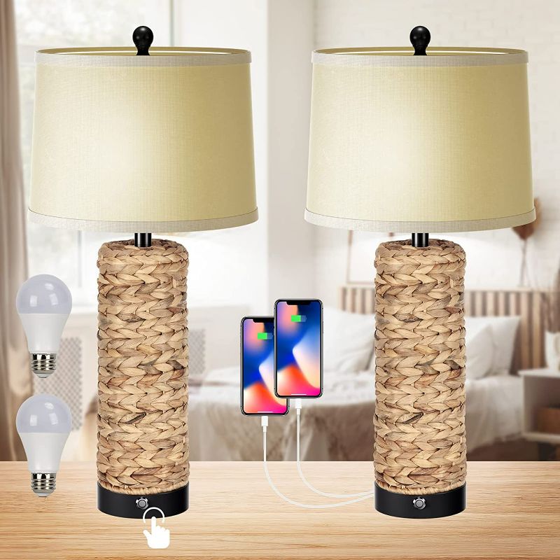 Photo 1 of Touch Table Lamps Set of 2, 3-Way Dimmable Bedside Lamps Coastal Rattan Nightstand Lamp with 2 USB Ports and AC Outlet Woven Seagrass LED Table Lamp for Living Room Home Office,2 LED Bulbs Included