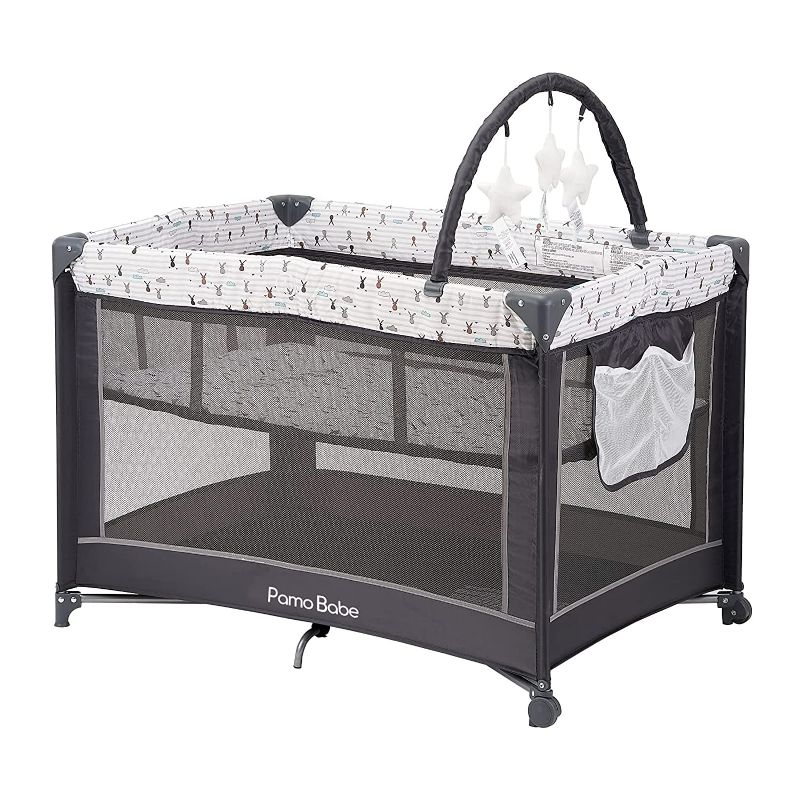 Photo 1 of Pamo Babe Portable Play Yard, Sturdy Play Yard with Mattress and Toy bar with Soft Toys (Grey) 