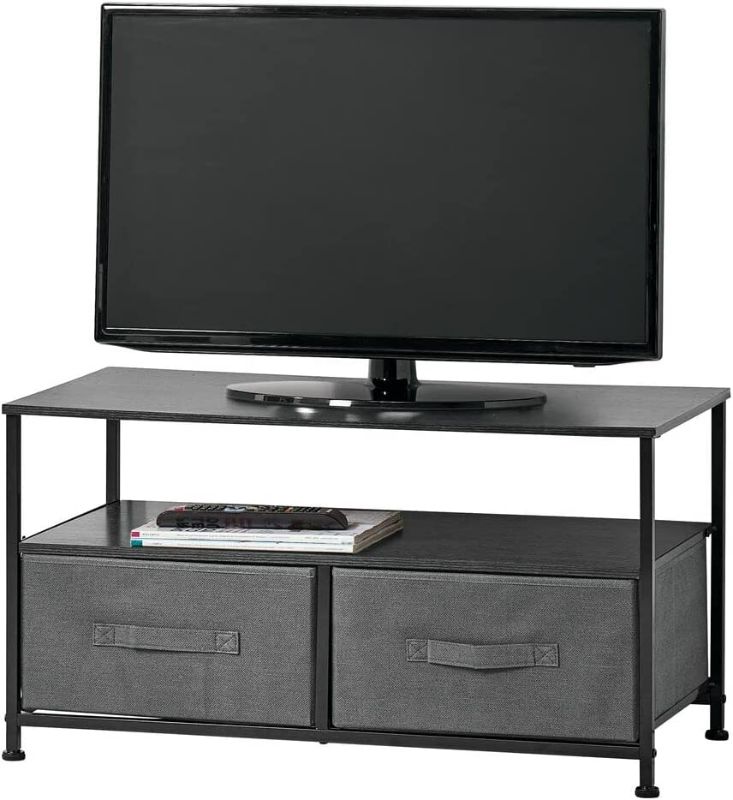 Photo 1 of mDesign Fabric Storage TV Stand Organizer Unit - Sturdy Steel Frame, Wood Top, 2 Easy Pull Fabric Bins - Organizer Entertainment Unit for Bedroom, Living Room, Playroom - Charcoal Gray/Black