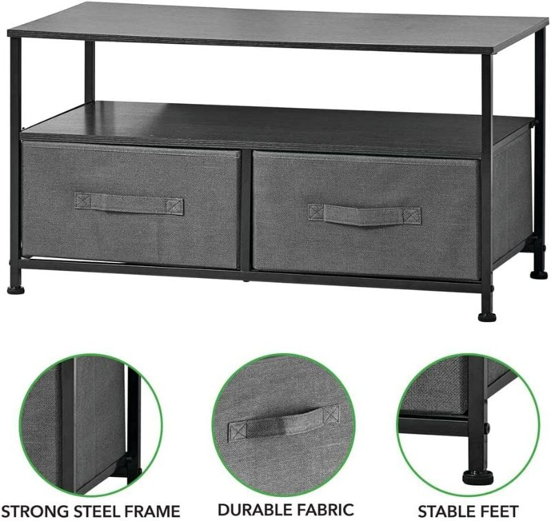 Photo 2 of mDesign Fabric Storage TV Stand Organizer Unit - Sturdy Steel Frame, Wood Top, 2 Easy Pull Fabric Bins - Organizer Entertainment Unit for Bedroom, Living Room, Playroom - Charcoal Gray/Black