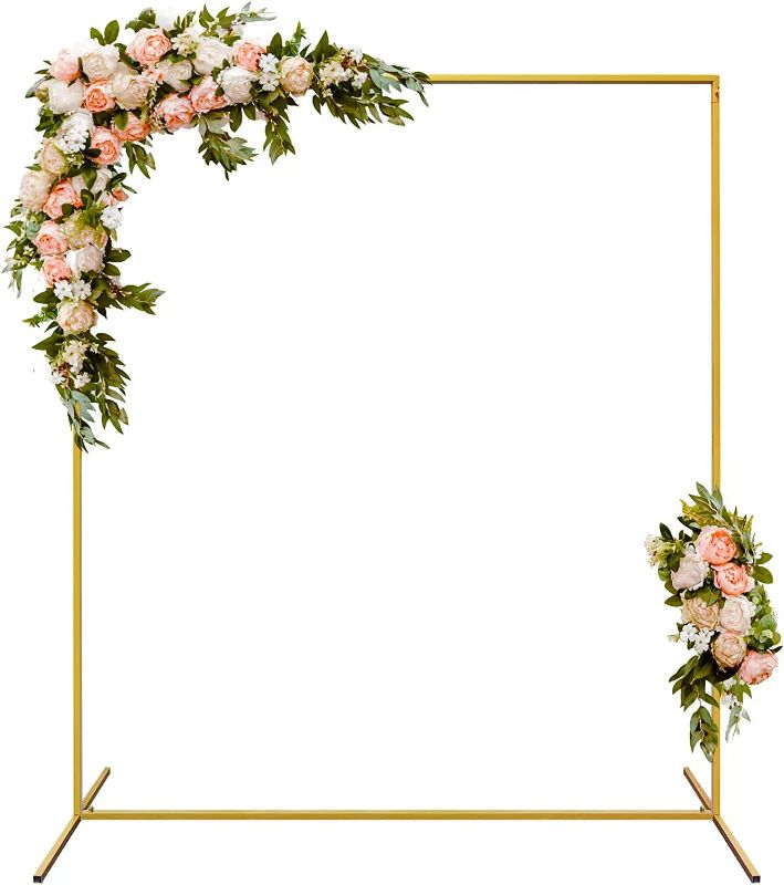 Photo 1 of Metal Wedding Arches for Ceremony,Square Balloon Arch Frame Stand,6.6x6.6FT Wedding Arch for Birthday Garden Weddin Metal Arch Backdrop Stand (Gold)