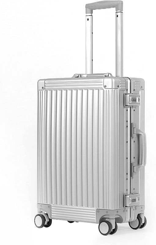 Photo 1 of DOMINOX All Aluminum Carry On Luggage Hard Shell Luggage Aluminum Suitcase for Travel Zipperless Luggage Checked Luggage with Silent 360° Spinner Wheels 20 In. (Vertical Grain Style, Sliver)
