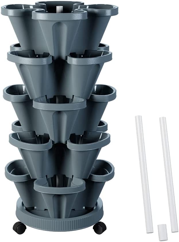 Photo 1 of (2 sets) Vertical Planter Tower Garden, 5 Tiered Planter with Support Pipe Stackable Herb Garden Planter Indoor and Outdoor - Dark Grey