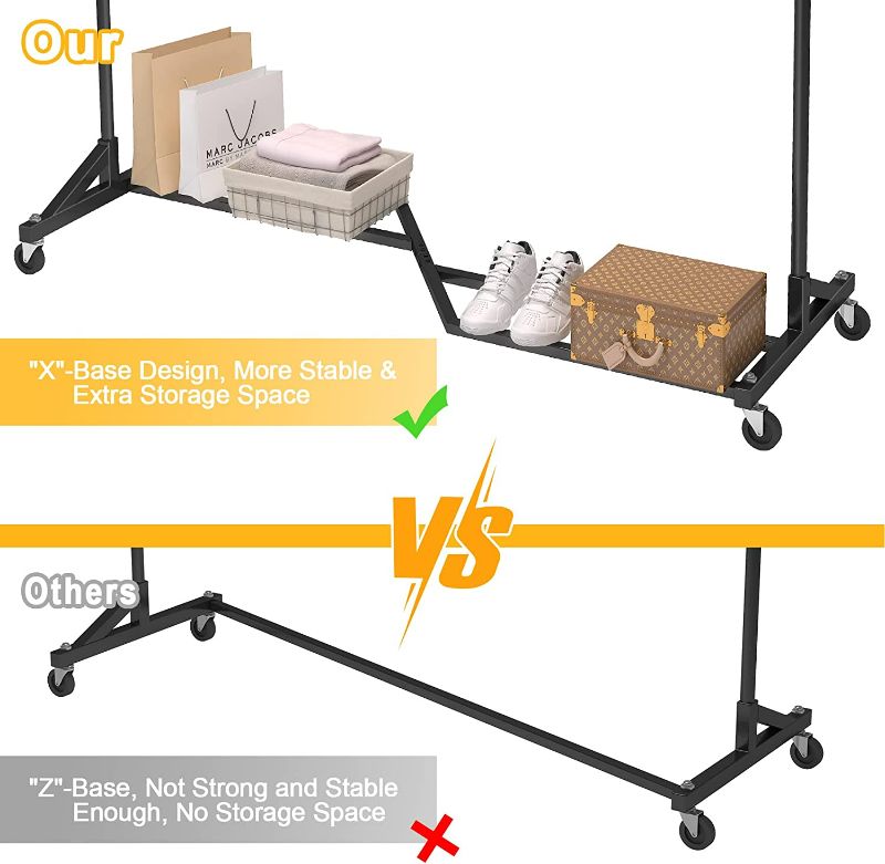 Photo 3 of Mr IRONSTONE Long Clothes Rack, Heavy Duty Clothing Rack with X Base, Garment Rack on Wheels with Brakes, Commercial Clothes Racks for Hanging Clothes, Rolling Clothes Rack with Storage Shelf