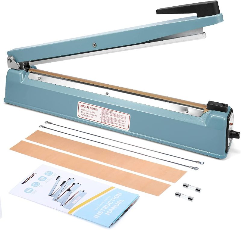 Photo 1 of METRONIC Impulse Sealer 16 inch, Manual Heat Sealer Machine for Plastic Bags, Shrink Wrap Bag Sealers Heavy Duty Sealing Machine With Repair Kit (Blue)