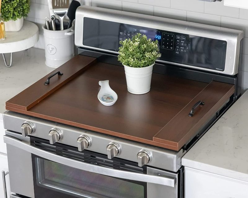 Photo 1 of RELODECOR Noodle Board Stove Covers, Laminate Wood Farmhouse Stove Top Cover with Handles (Cognac Brown), Sink Cover for Counter Space, Stovetop Covers for Electric Stove, RV Oven, Induction Stove