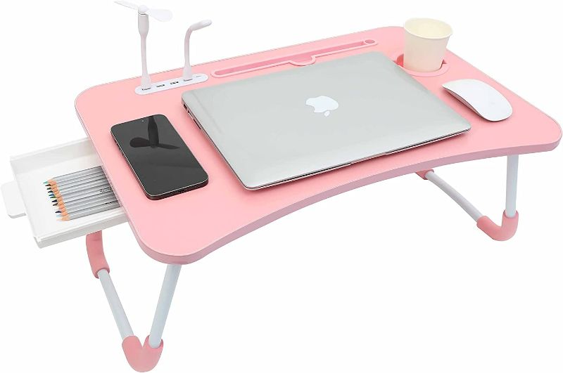 Photo 1 of Eternal Wings Laptop Bed Desk,Portable Foldable Laptop Tray Table with USB Charge Port/Cup Holder/Storage Drawer,for Bed/Couch/Sofa Working, Reading (Pink)