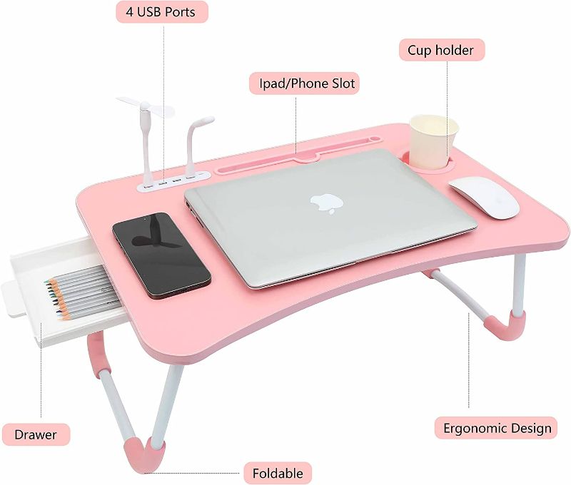 Photo 2 of Eternal Wings Laptop Bed Desk,Portable Foldable Laptop Tray Table with USB Charge Port/Cup Holder/Storage Drawer,for Bed/Couch/Sofa Working, Reading (Pink)