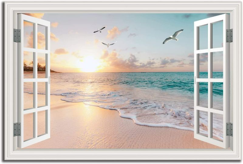 Photo 1 of Beach Wall Art Picture for Living Room - Window Frame Style Canvas Wall Decor Ocean Sunset - Blue Sea and White Sand Painting on Canvas for Bedroom Office Home Decoration