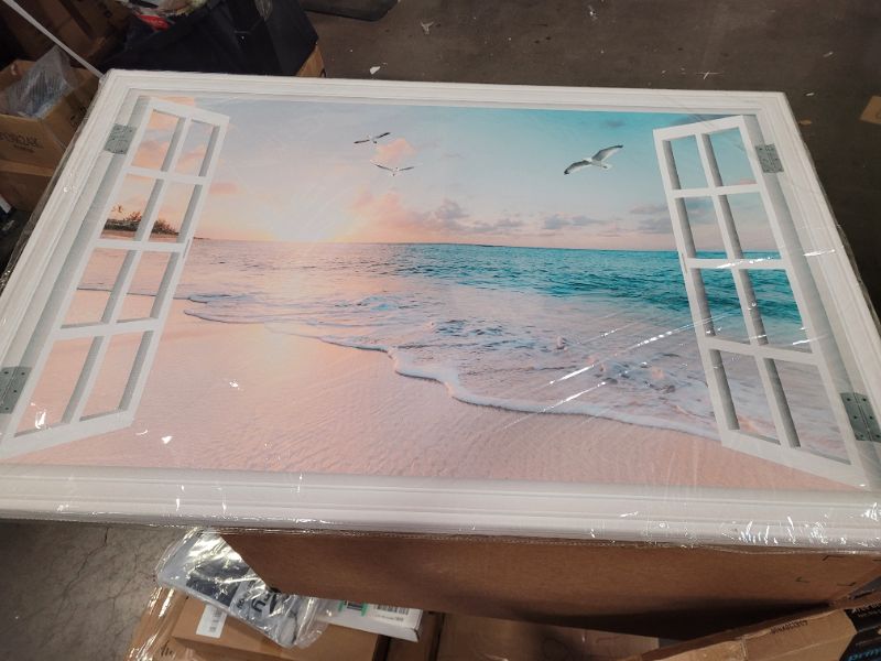 Photo 3 of Beach Wall Art Picture for Living Room - Window Frame Style Canvas Wall Decor Ocean Sunset - Blue Sea and White Sand Painting on Canvas for Bedroom Office Home Decoration