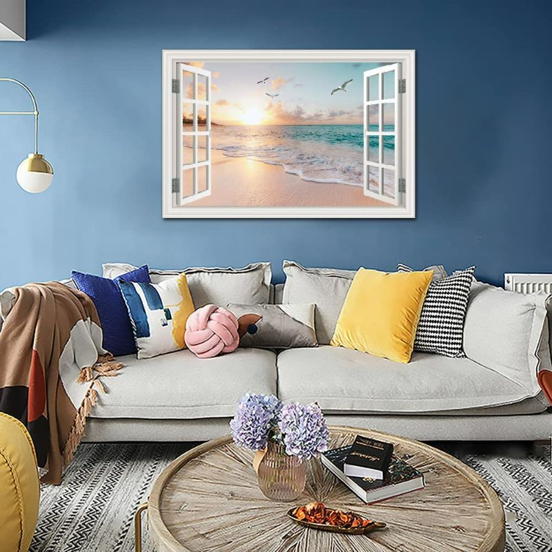 Photo 1 of Beach Wall Art Picture for Living Room - Window Frame Style Canvas Wall Decor Ocean Sunset - Blue Sea and White Sand Painting on Canvas for Bedroom Office Home Decoration