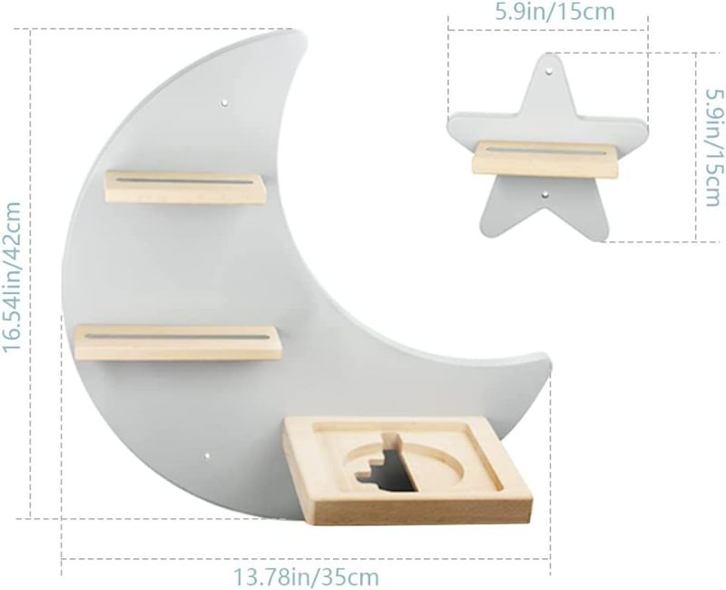 Photo 2 of Floating Shelf Wall Mounted Set of 4 (Moon and 3 Stars) for Toniebox Starter Set, Tonie Figures - Magnetic Wooden Shelves Compatible with Toniebox Player Audio Character for Children Baby's Room