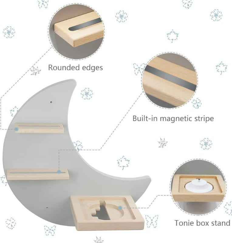 Photo 3 of Floating Shelf Wall Mounted Set of 4 (Moon and 3 Stars) for Toniebox Starter Set, Tonie Figures - Magnetic Wooden Shelves Compatible with Toniebox Player Audio Character for Children Baby's Room