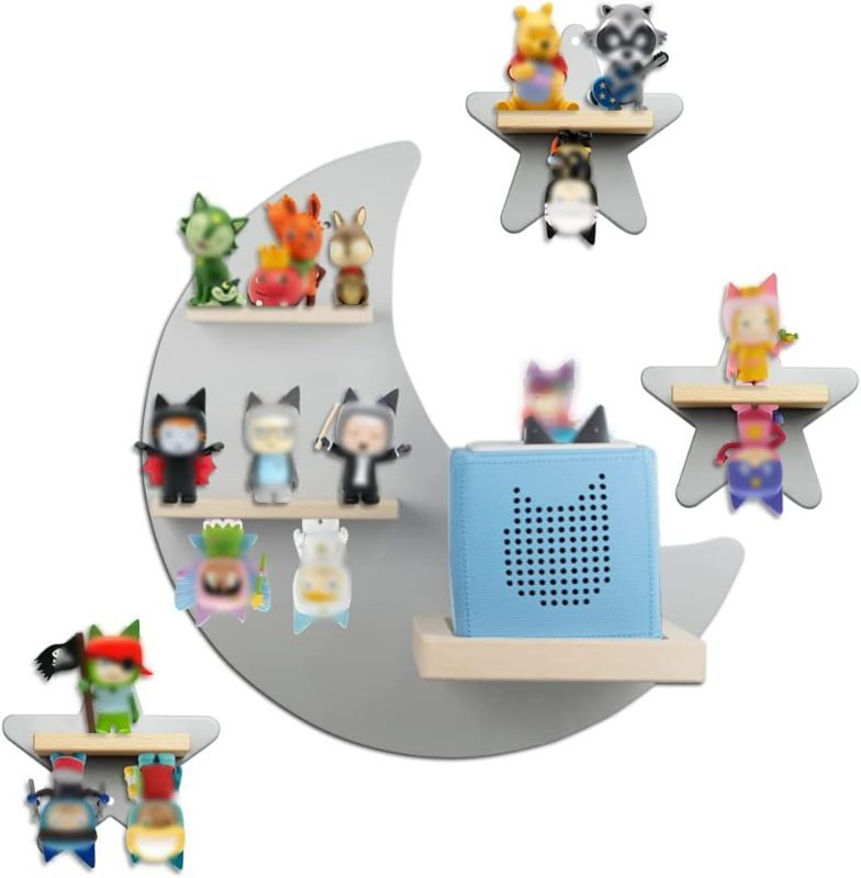 Photo 1 of Floating Shelf Wall Mounted Set of 4 (Moon and 3 Stars) for Toniebox Starter Set, Tonie Figures - Magnetic Wooden Shelves Compatible with Toniebox Player Audio Character for Children Baby's Room