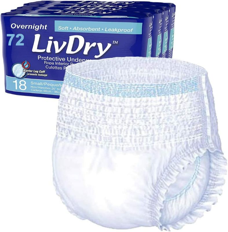 Photo 1 of LivDry Adult S Incontinence Underwear, Overnight Comfort Absorbency, Leak Protection, Small, 72-Pack