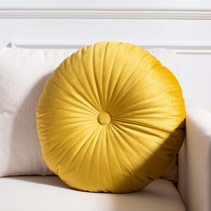 Photo 1 of Golden Yellow Button Tufted 16-inch Round Decorative Accent Insert Throw Pillow, 1 Count (Pack of 1)