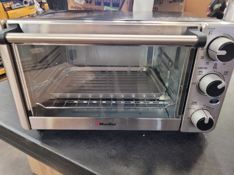 Photo 3 of Toaster Oven 4 Slice, Multi-function Stainless Steel Finish with Timer - Toast - Bake - Broil Settings, Natural Convection - 1100 Watts of Power, Includes Baking Pan and Rack by Mueller Austria