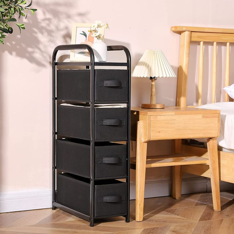 Photo 1 of 4 Drawer Narrow Dresser Fabric Storage Tower Vertical Slim Storage Chest Organizer Nightstand Side/End Table Small Standing Organizer Removable Drawers Wood Top for Bedroom, Bathroom,Entryway?Black)
