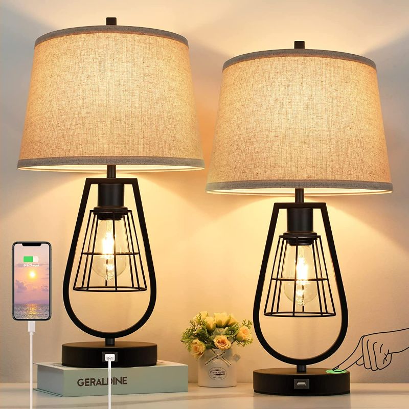 Photo 1 of Set of 2 Industrial Touch Control Table Lamps with USB Port, 3-Way Dimmable Farmhouse Bedside Nightstand 2-Lights Lamps for Bedroom Living Room Reading, Cream Fabric, Black Metal Base, Bulbs Included