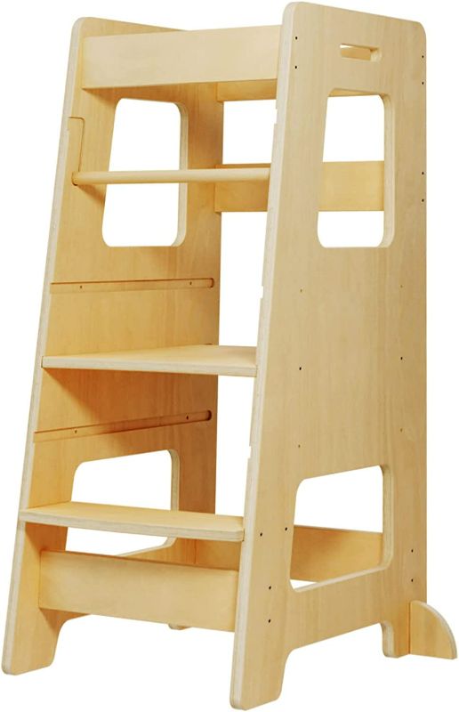 Photo 1 of WOOD CITY Kitchen Step Stool for Kids and Toddlers with Safety Rail, Adjustable Height Step Stool Helper Standing Tower Learning Stool for Bathroom & Kitchen Counter