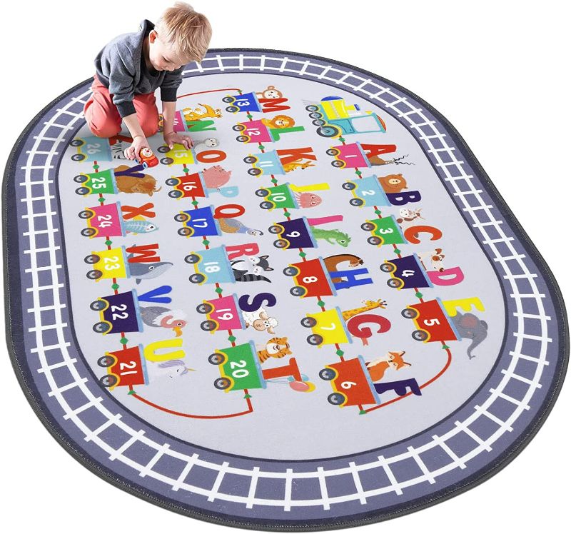 Photo 1 of Kids Rug Carpet Oval ABC Alphabet Numbers Train and Road Educational Classroom Rug Baby Play Mat Learning & Game Area Rug for Bedroom Playroom Decor (Grey, 3'3" x 5')