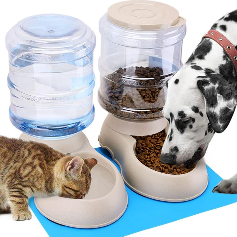 Photo 1 of Pawzone 2 Pack Automatic Cat Feeder and Water Dispenser in Set with Pet Food Mat for Small Medium Dog Pets Puppy Kitten Big Capacity 1 Gallon x 2 (2 Pack Cream)
